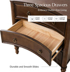 HULALA HOME 3 Drawer End Tables Set of 2 with Charging Station, 26" Wide Endtables with Solid Wood Legs and Curved Profile, Classic Side Tables for Living Room, Walnut