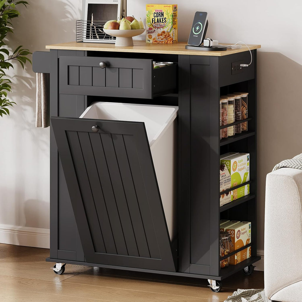 35" Kitchen Island with Trash Cabinet, Portable Rolling Cart with Power Outlet, Storage Drawer, 6-Tier Spice Rack, 4 Locking Casters for Kitchen Dining Living Room, Black
