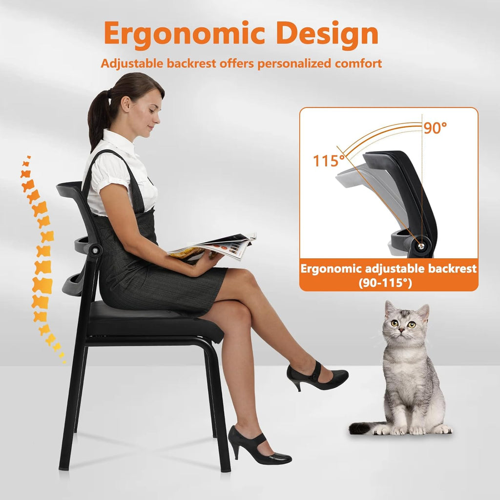 CLATINA Stackable Waiting Room Chair with Adjustable Mesh Backrest, Armless Office Guest Reception Chairs with Leather Cushion and Ergonomic Lumbar Support for Conference Lobby Side School, Black
