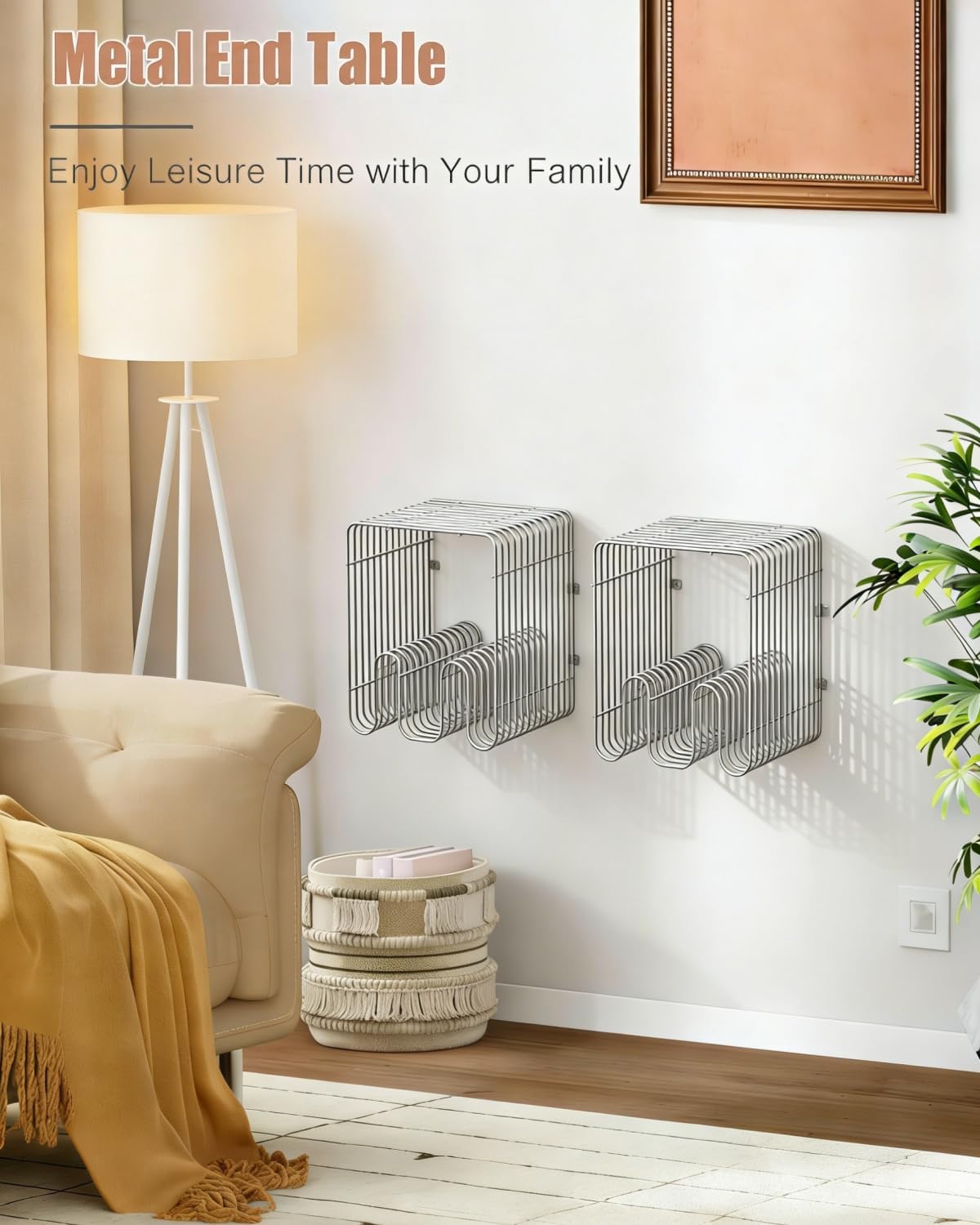 Metal Side Table, Metal End Table with Magazine Rack,Sofa Bedside Table for Small Space, Modern Nightstand with Storage Shelf for Living Room Bedroom Silver (Double N)