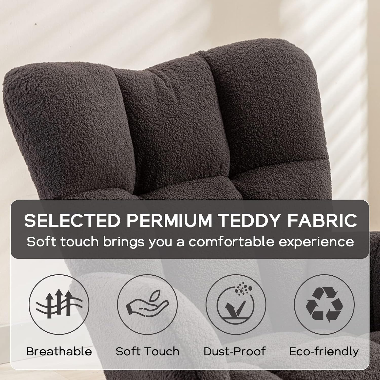 Modern Nursery Rocking Chair, Upholstered Glider Chair with High Backrest, Rocker Accent Armchair with Solid Wood Legs for Nursery Bedroom Living Room (Dark Grey Teddy)