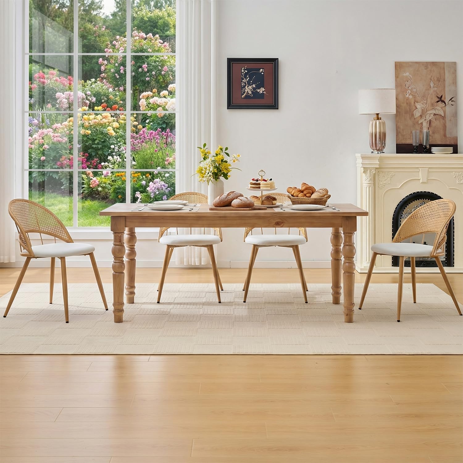 TYBOATLE Rattan Dinner Chairs Set of 4 with Faux Leather Cushion, Modern Dining Room Chairs w/Adjustable Foot Pads, Kitchen Boho Chairs Mid Century Upholstered, White