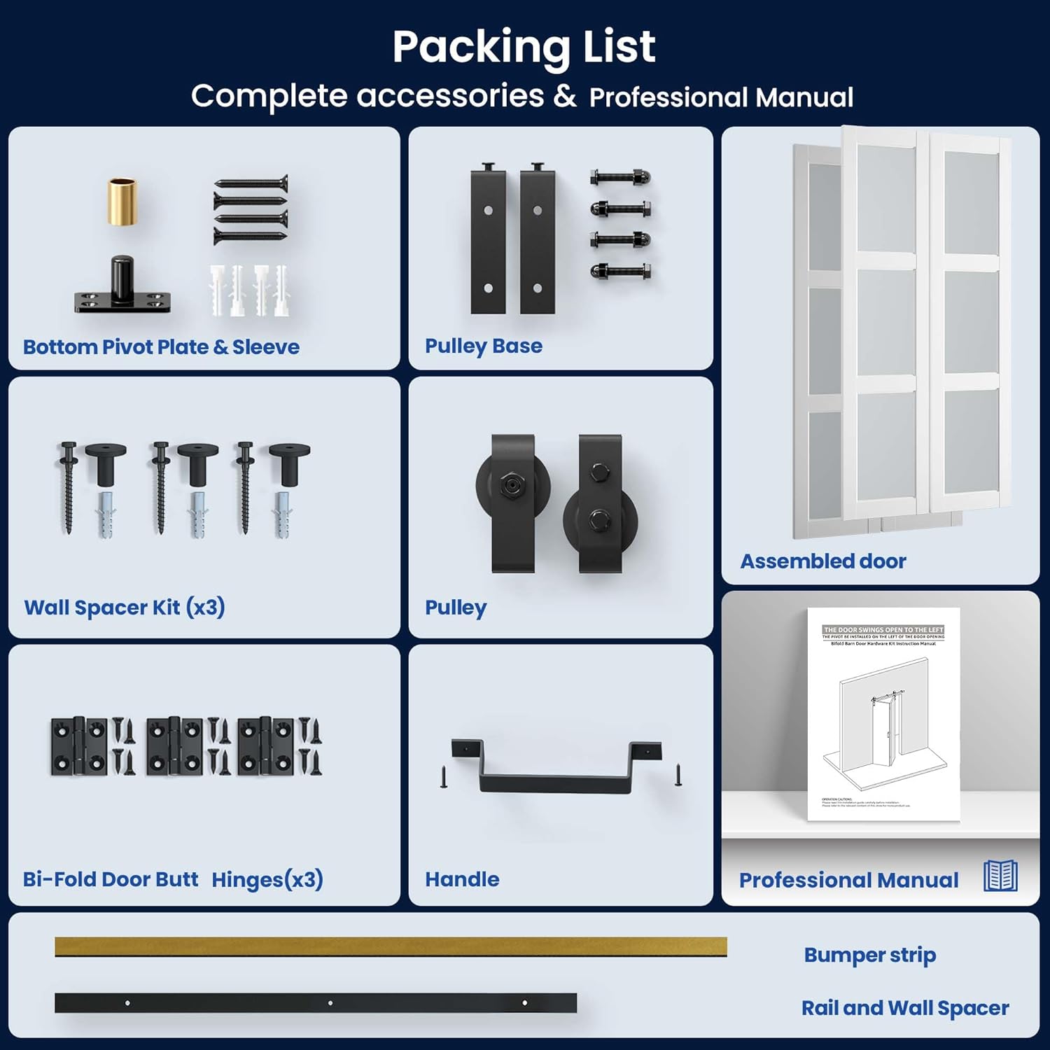 SMARTSTANDARD 64in x 84in Bifold Barn Door, Frosted Glass Barn Door with Hardware Kit Included, Pre-Drilled Holes Easy Assembly -Solid Barn Doors Slab Covered with Water-Proof PVC Surface, White
