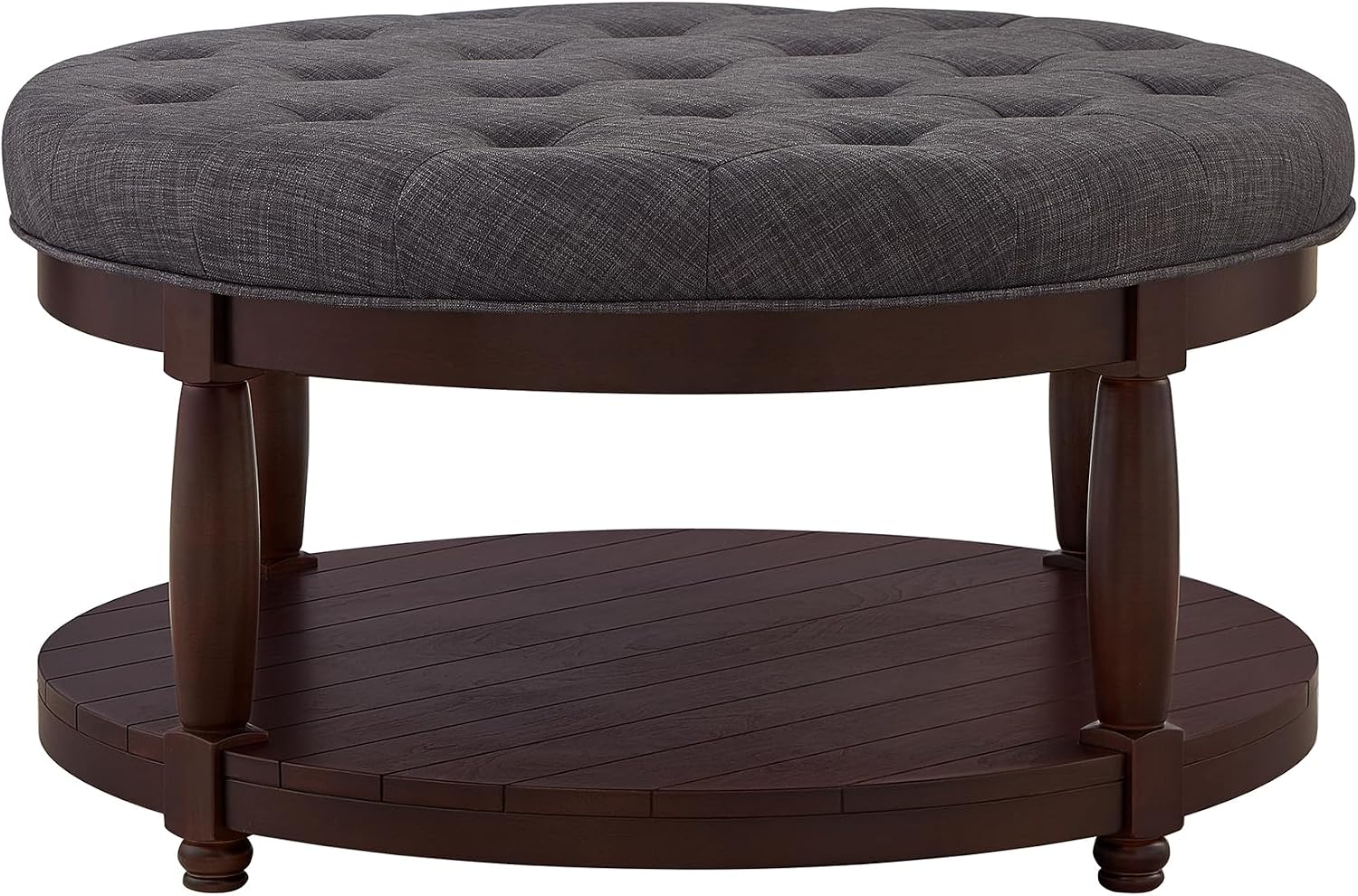 RENSGO 32.5" Large Round Upholstered Tufted Linen Ottoman Coffee Table, Large Footrest Ottoman with Wood Shelf Storage- Dark Grey