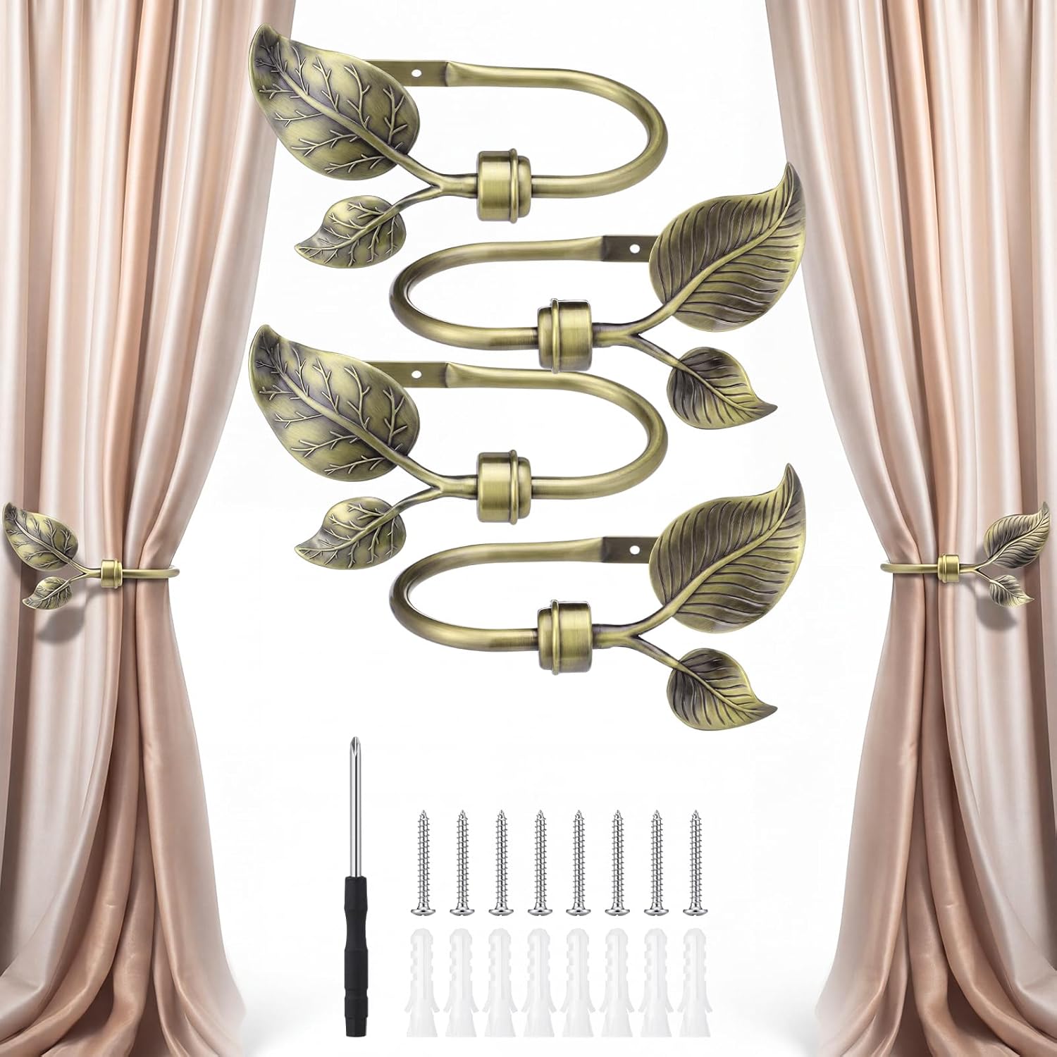 4 Pcs Metal Leaf Curtain Tieback Holdbacks Farmhouse Decorative Leaf Window Curtain Hooks with Screws for Wall Draperies Cottage Finish Living Room Office