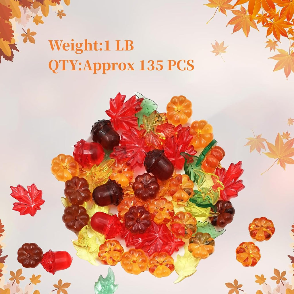 125 Pieces Fall Vase Filler for Thanksgiving Day Decor, Acrylic Pumpkin Table Scatter, Mini Fall Leaves Acorns Pumpkins Maple Leaves Gems Autumn Decor 1LB
