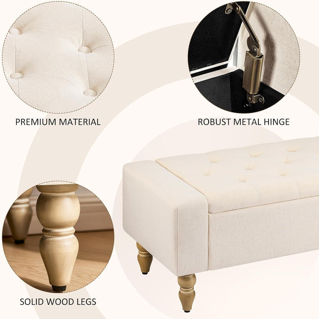 47 Inch Large Storage Ottoman Bench, Upholstered End of Bed Bench with Removable Lid, Diamond Tufted Seat, Wood Legs, Hidden Storage Organizer for Bedroom, Living Room, Entryway,Light Beige
