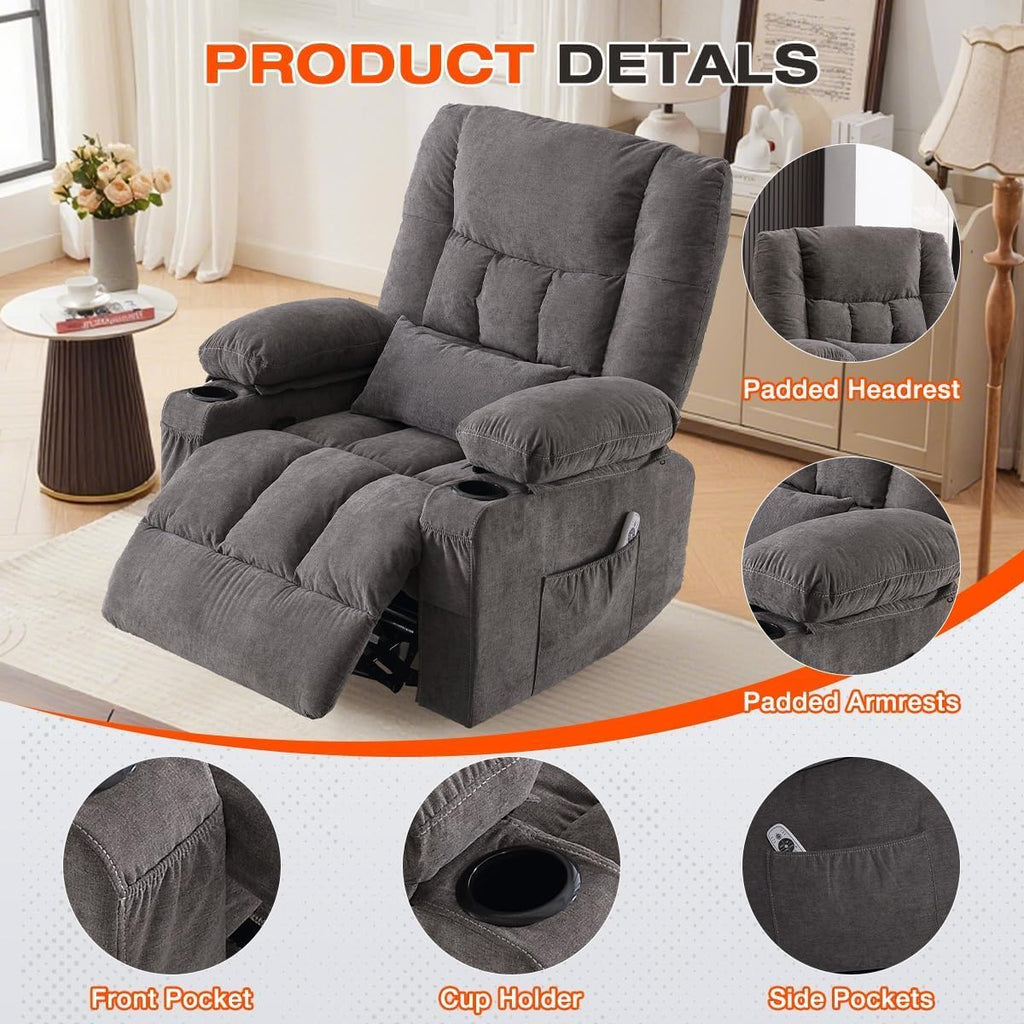 8-Points Massage Recliner Chair with Heated Rocking Function for Adults,Oversized Rocker Recliner with Side Pocket,2 Cup Holders for Living Room