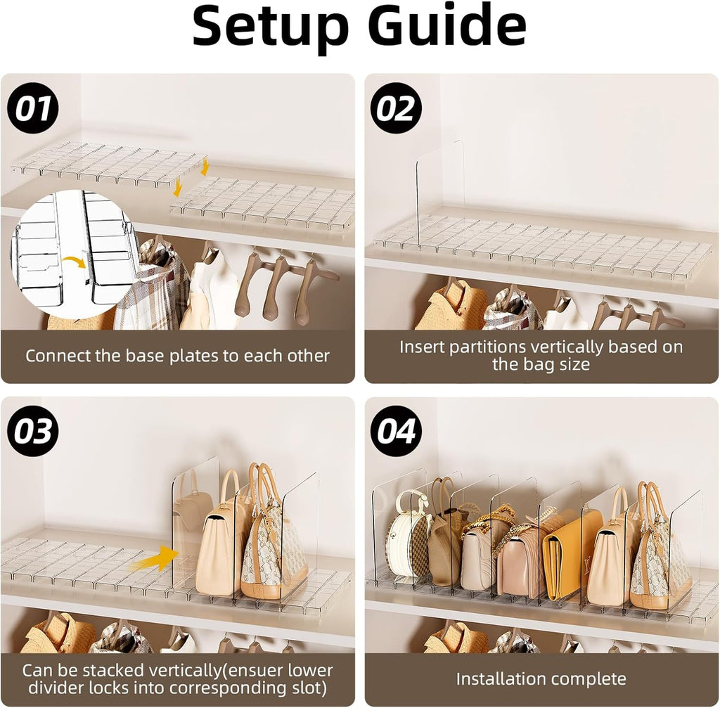 Stackable Bag & Purse Organizer for Closet Shelf Acrylic Shelf Dividers for Closet Organization, Clear Handbag Purse Storage Organizer Divider, Keep Clutch, Wallet, Pocketbook Upright, 4 Pack