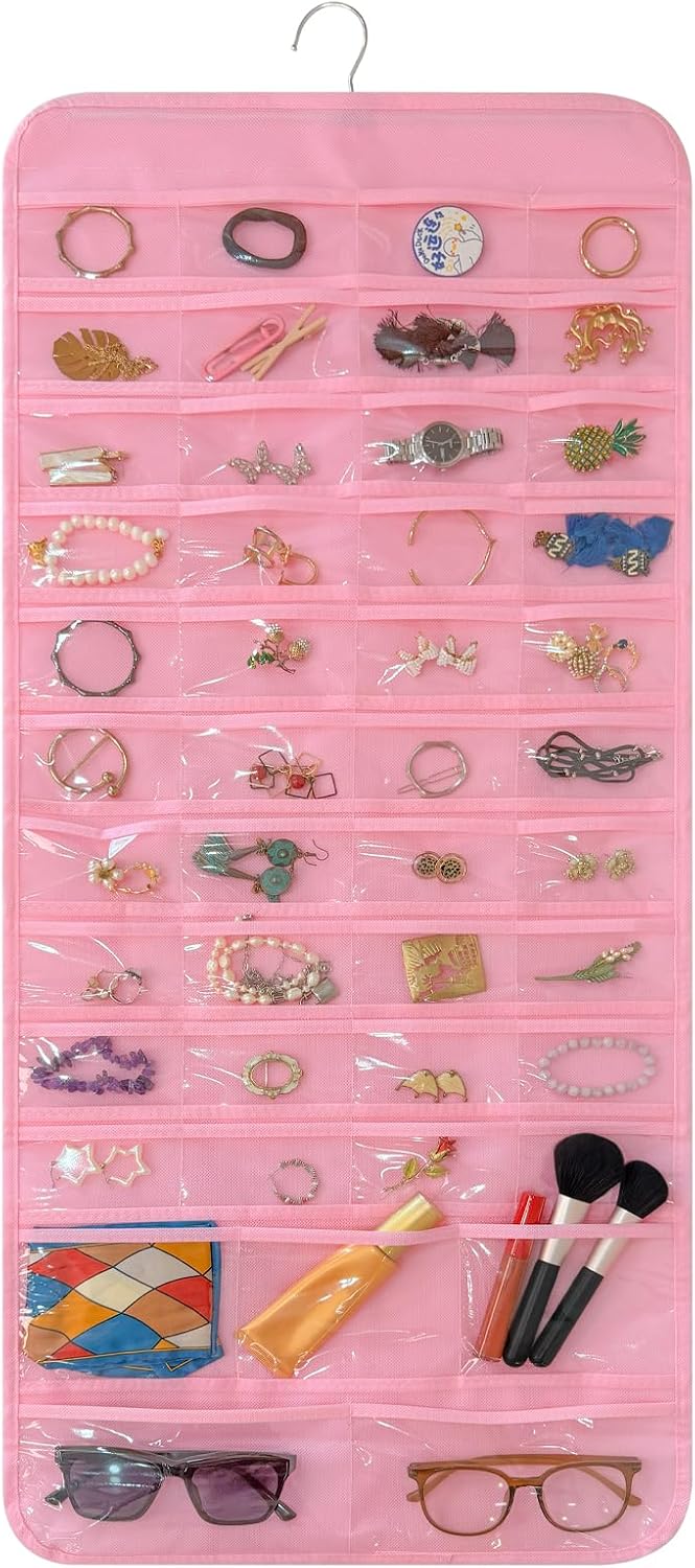 Bloss Pinck Hanging Jewelry Organizer With 90 Pockets for Closet, Earring Holder Organizer Storage, Over The Door Jewelry Organizer, Double-Sided Jewelry Holder for Earrings,Necklaces,Rings