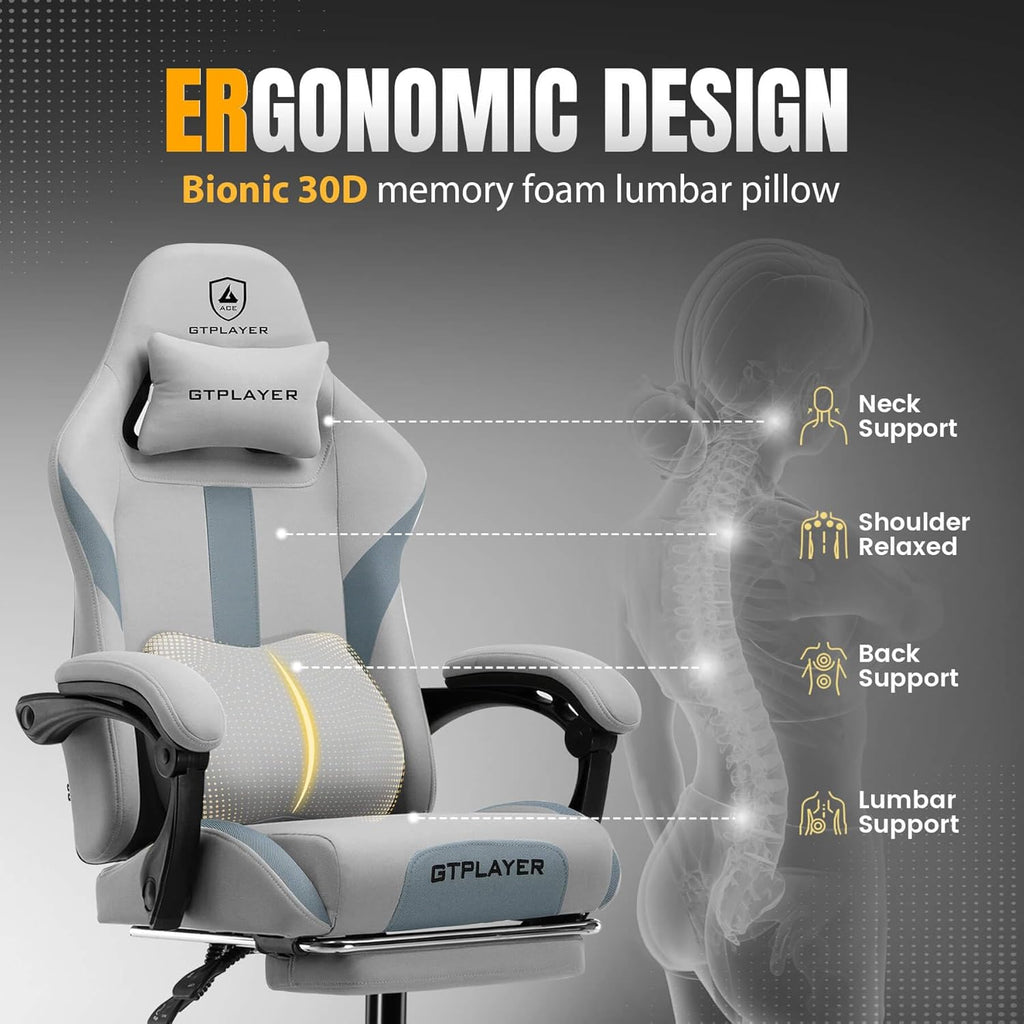 GTPLAYER Gaming Chair with Foot Rest & Pocket Spring Cushion, Breathable Fabric for Home Office Desk, Ergonomic High Back Computer Chair with Headrest & Lumbar Support, Gray
