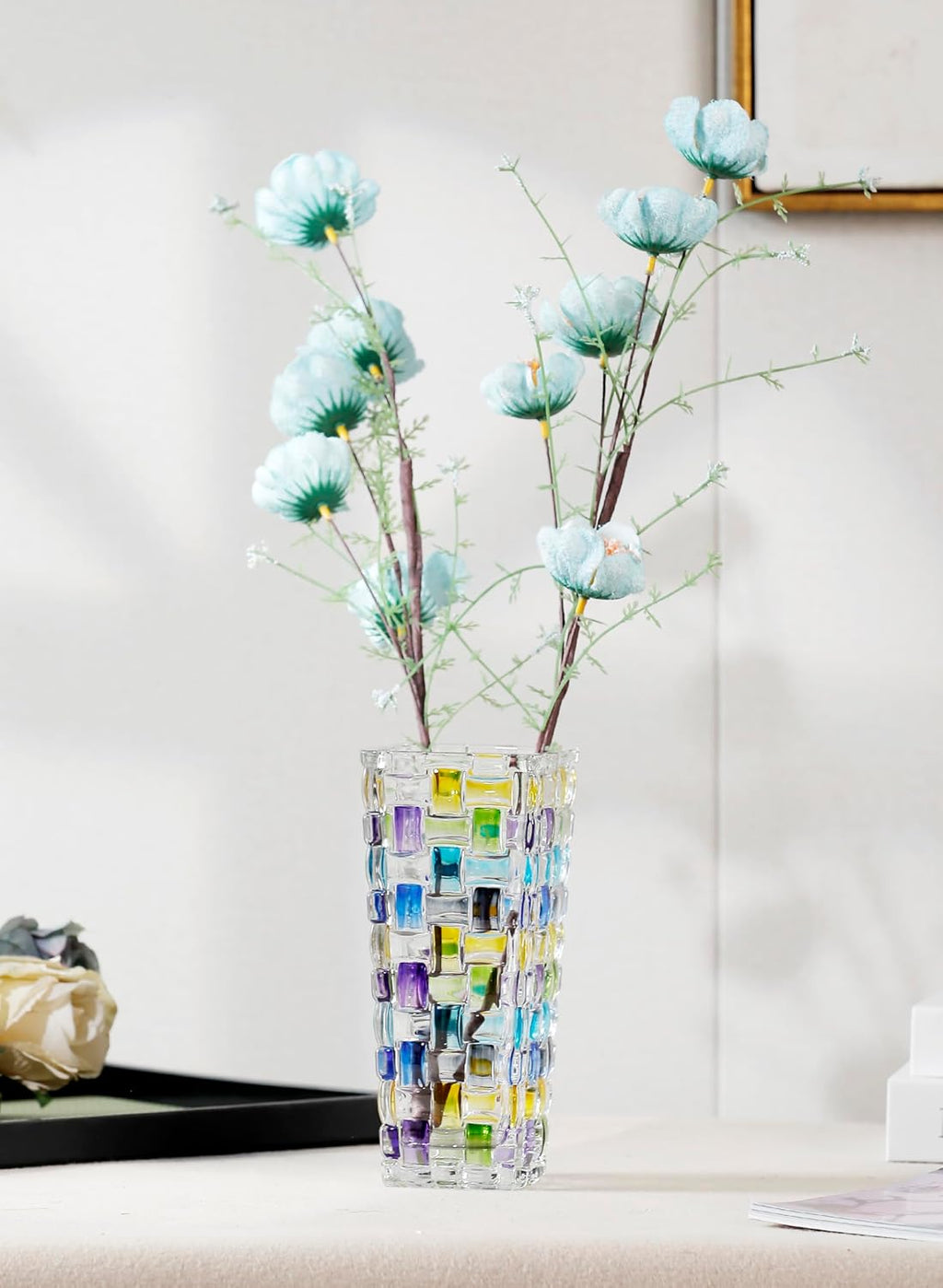 Magcolor Hand Painted Blue Woven Glass Vase -Crystal Flower Vase- 7.7 inch, Glass Plant Vase for Floral Arrangements, Centerpieces, Weddings, Housewarming, Centerpiece Home Deco.