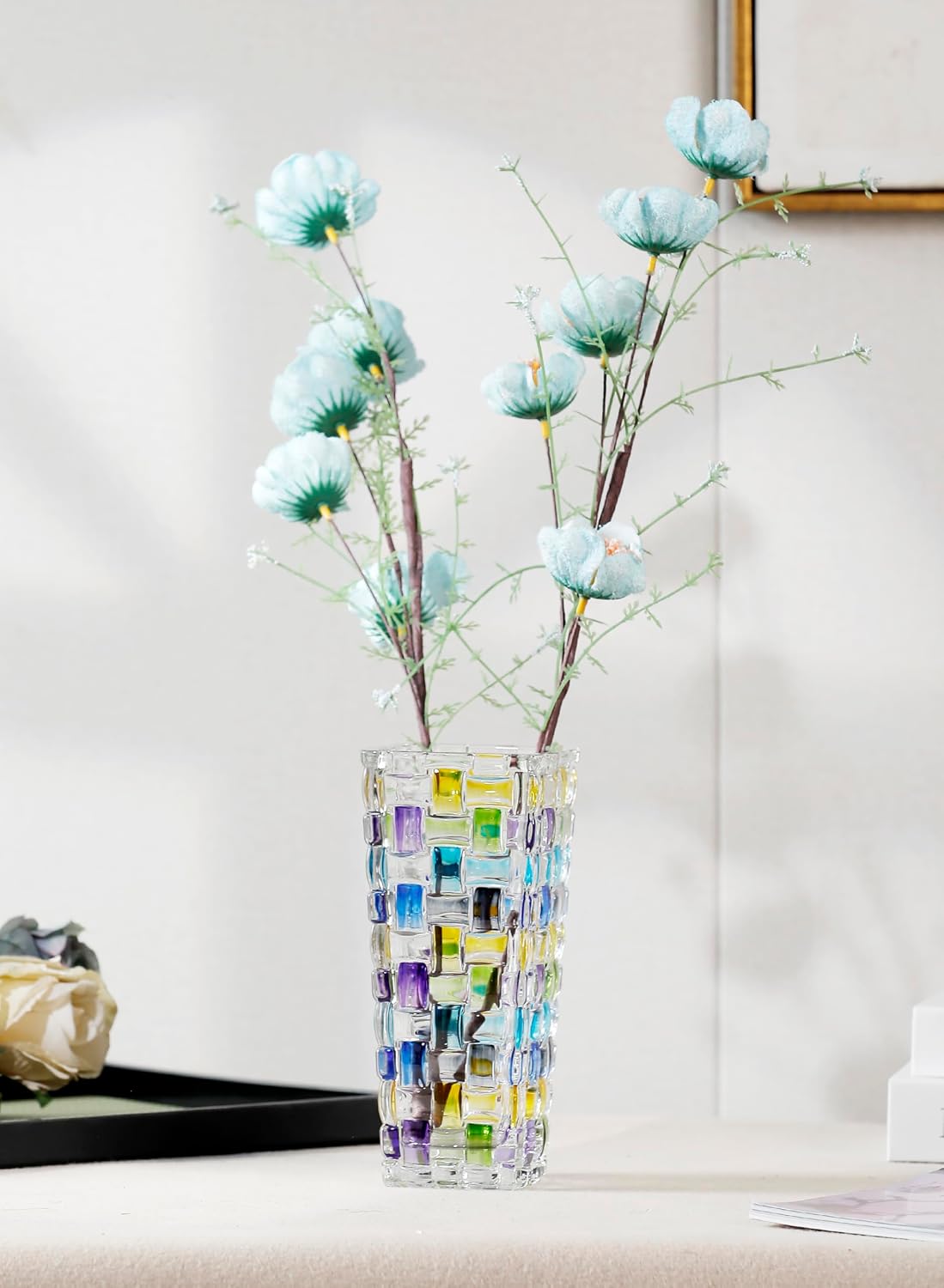 Magcolor Hand Painted Blue Woven Glass Vase -Crystal Flower Vase- 7.7 inch, Glass Plant Vase for Floral Arrangements, Centerpieces, Weddings, Housewarming, Centerpiece Home Deco.