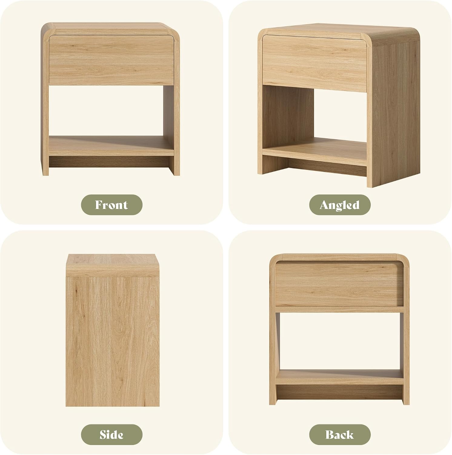 MERLIFE Modern Night Stand Set 2 with Storage Drawer & Open Shelves, Oak | Natural Wood Finish,Curved Top Corners,Smooth Metal Slides,Easy Assembly 30mins,for Bedroom Living Room Sofa Office