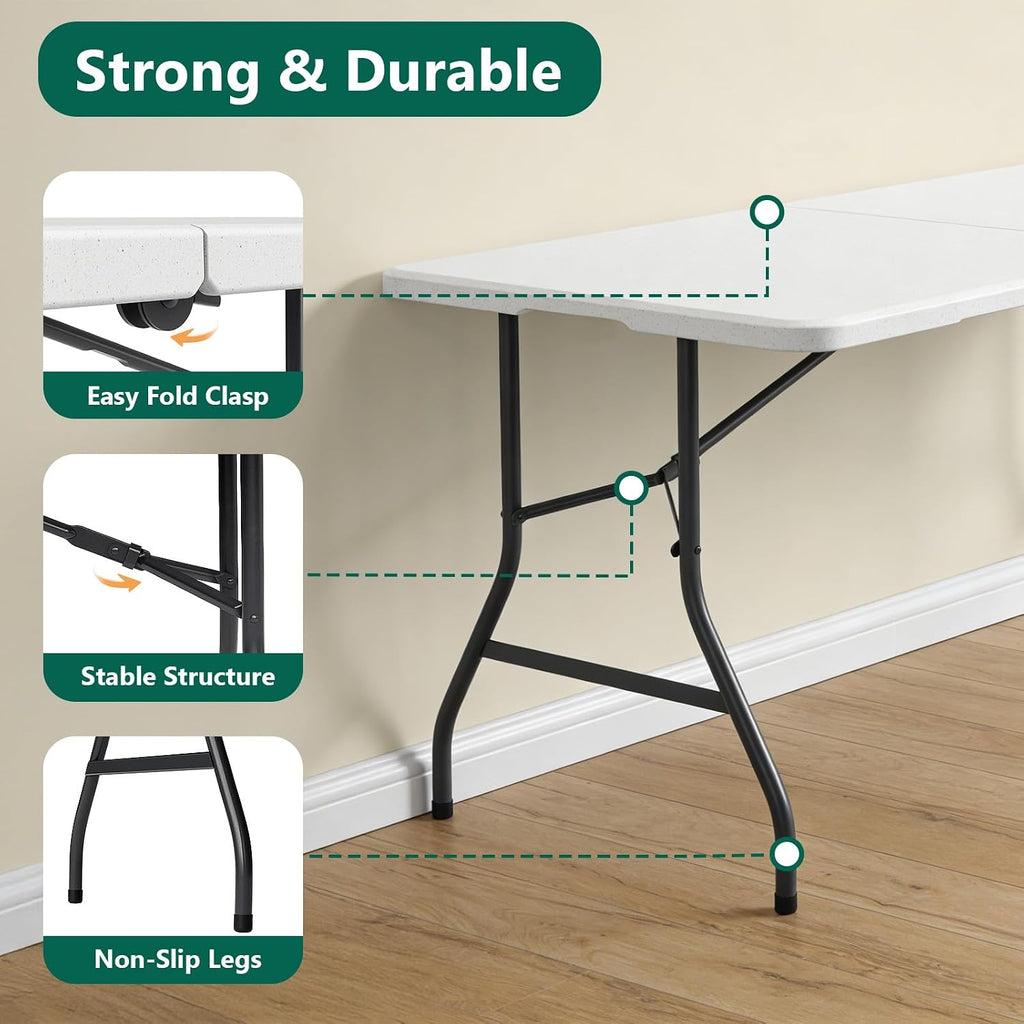 Folding Table and Chairs, 5ft Folding Table with Adjustable Height& PU Leather Padded Folding Chairs 4, Portable Table and Chairs Set for Indoor&Outdoor Party, Camping Use(White Table& White Chair)