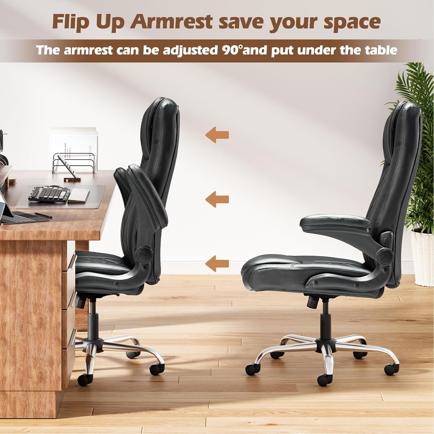 ZZW Executive Office Chair w/Flip-Up Arms Managerial Home Desk Chair w/Lumbar Support Adjustable PU Leather Ergonomic Computer Chair