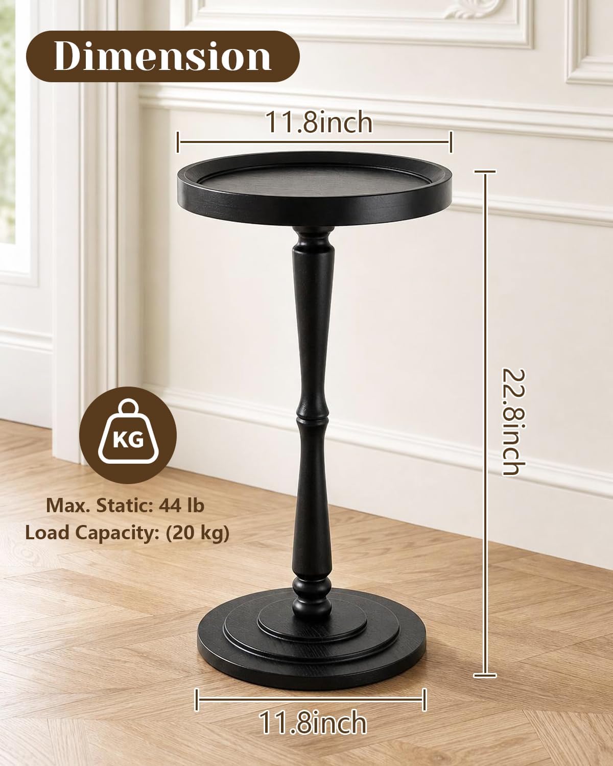 Small Round Side Table, Drink Table, Coffee Martini Table for Small Spaces Modern Accent End Table Nightstand with Solid Wood Leg for Living Room, Bedroom, Corners and Office (Black)