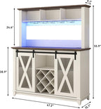 47"Wide 56"H Farmhouse Coffee Bar Cabinet with Power Outlet and LED Light,Wine Bar Cabinet w/3 Storage Hutch,Kitchen Buffet Cabinet with 10 Wine and Glass Racks for Kitchen Dining Room(Antique White)
