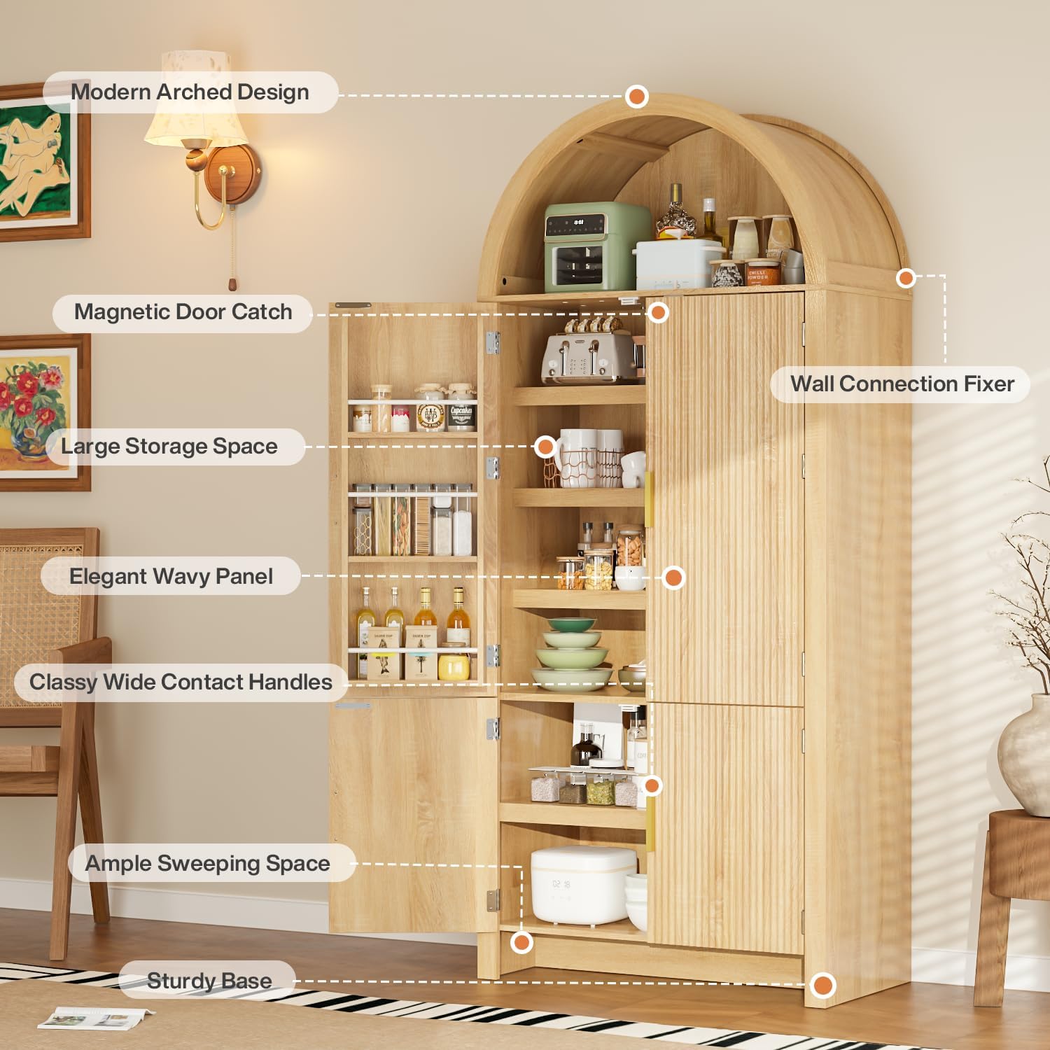 PRETZI 71" Arched Cabinet with Doors, Tall Arched Kitchen Pantry Storage Cabinet and Adjustable Shelves, Modern Fluted Natural Wood Cupboard for Kitchen, Dining Room, Bathroom
