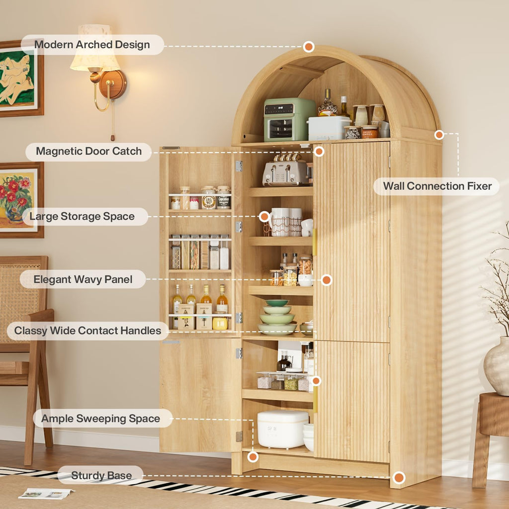 PRETZI Fluted Arched Cabinet with Doors, 71" Tall Kitchen Pantry Storage Cabinet with Adjustable Shelves and 6 Door Shelves, Freestanding Morden Organizer for Kitchen, Living Room, Natural Wood