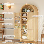 PRETZI Fluted Arched Cabinet with Doors, 71" Tall Kitchen Pantry Storage Cabinet with Adjustable Shelves and 6 Door Shelves, Freestanding Morden Organizer for Kitchen, Living Room, Natural Wood