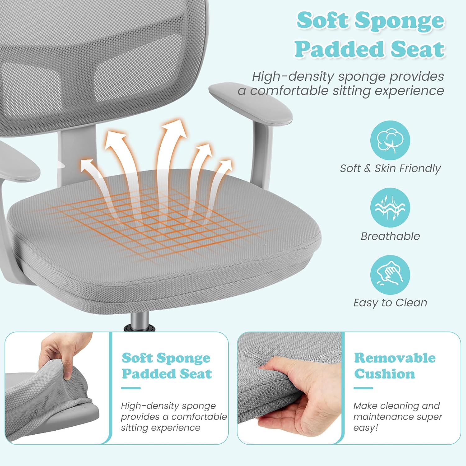 Giantex Kids Desk Chair, Ergonomic Adjustable Teen Task Chair w/Y-Shaped Lumbar Support, Armrest & Universal Wheels, Mesh Kid Office Chair for Sturdy, Kids Computer Chair for Boys & Girls 4-12, Grey
