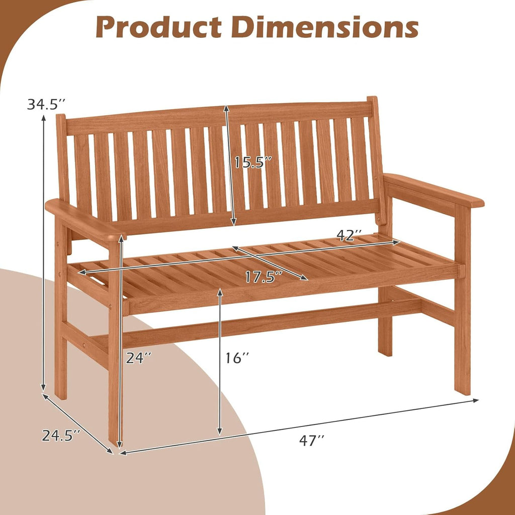 Tangkula Wooden Garden Bench, 2-Person Patio Loveseat with Slatted Backrest and Comfortable Armrests, Outdoor Bench for Porch, Backyard and Park, 530 lbs Weight Capacity