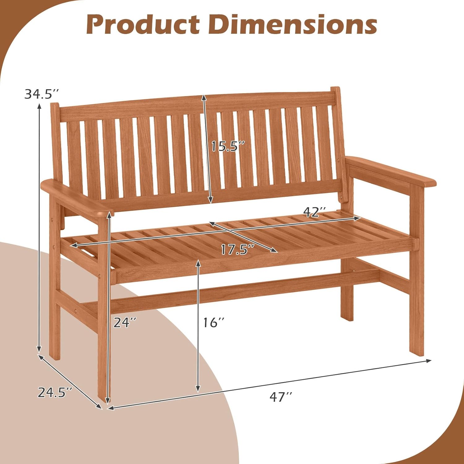 Tangkula Wooden Garden Bench, 2-Person Patio Loveseat with Slatted Backrest and Comfortable Armrests, Outdoor Bench for Porch, Backyard and Park, 530 lbs Weight Capacity