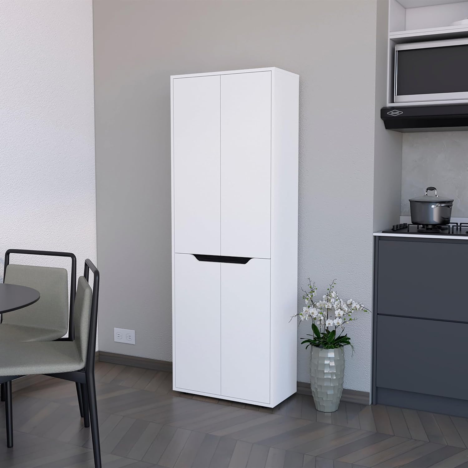 White Kitchen Pantry with Double Doors - 5-Tier Storage Shelves - Modular Design