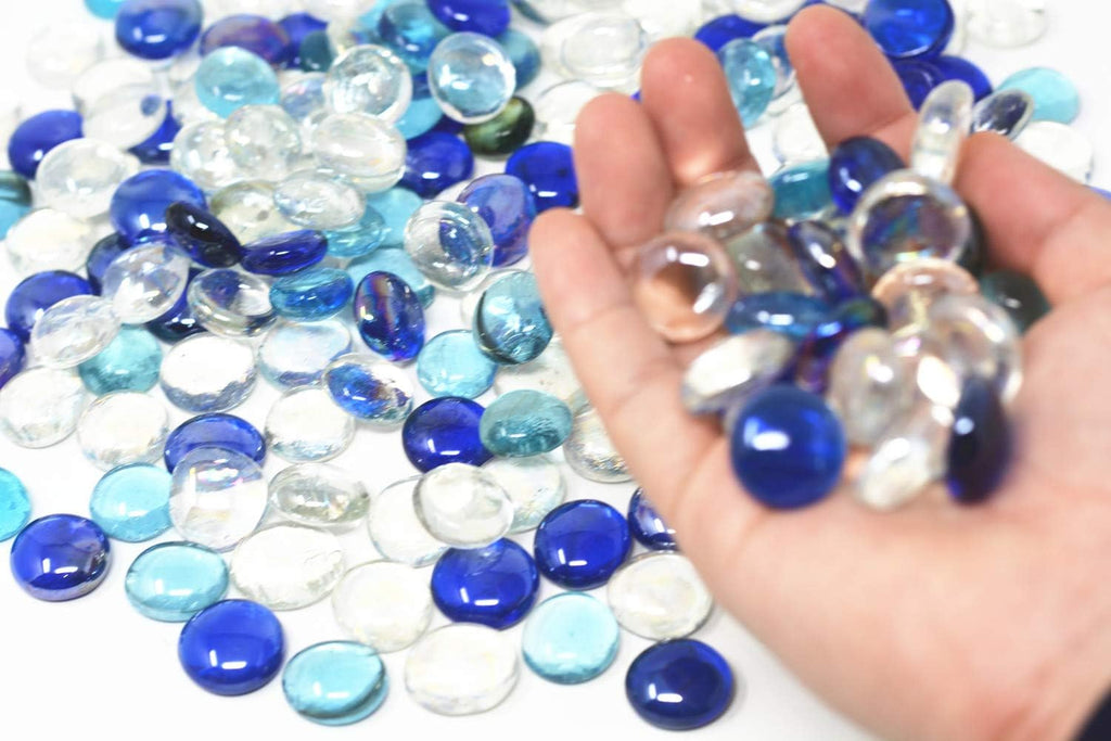 TSY TOOL 3 Lb (300PCS) Flat Glass Marbles Blue, Clear Mixed Color Glass Gems Pebbles Stones Marbles Vase Filler Accents and Crafting Aquarium Decor