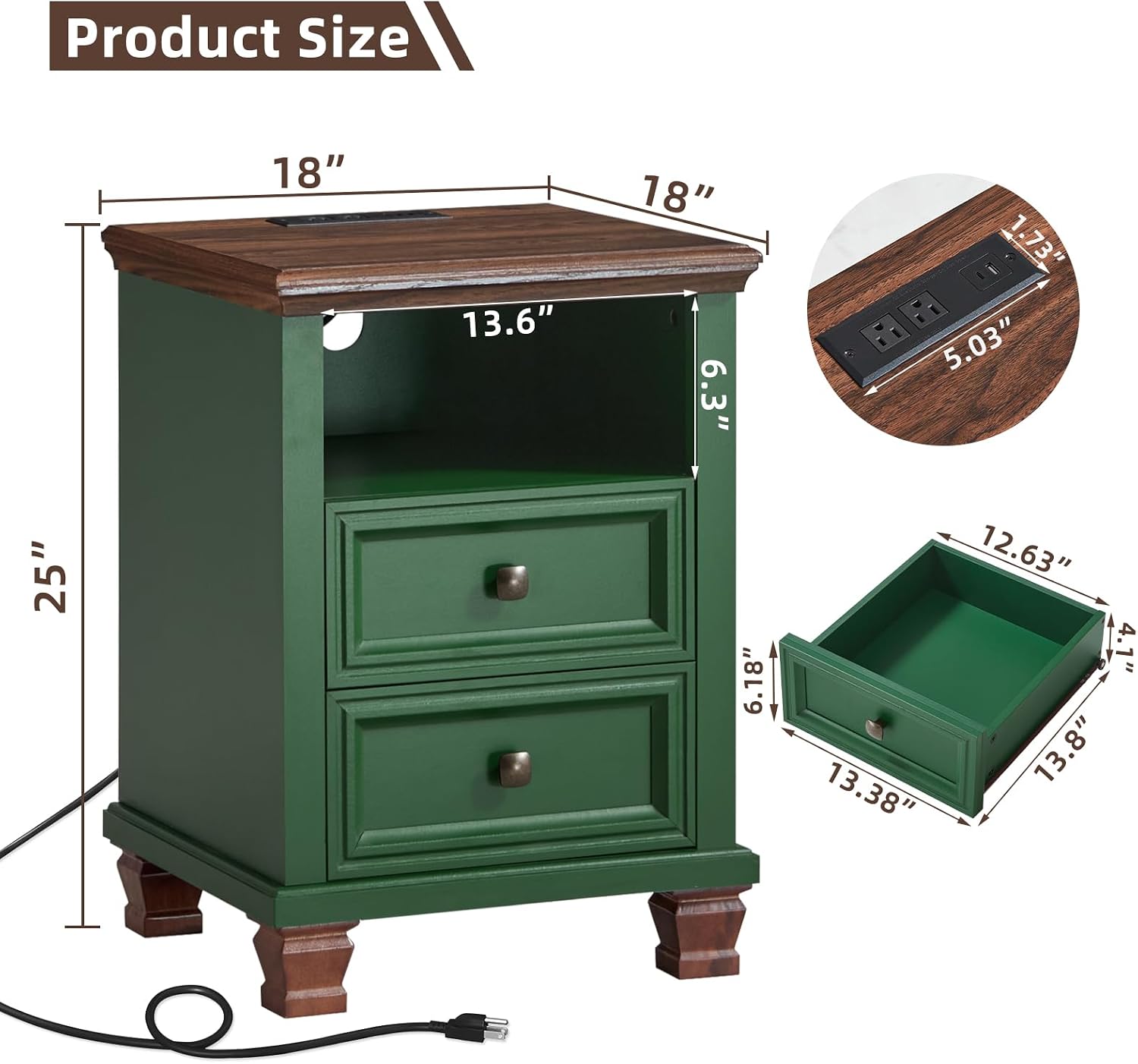 SAVOR LIFE Farmhouse Nightstand Set of 2 with Charging Station, Green | End Tables Bedroom with 2 Drawers, Traditional Night Stand with Open Shelf & Thickened Top & Square Wooden Legs