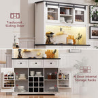 71" Pantry Bar Cabinet with Internal Storage Rack,Kitchen Cabinet with Hutch,Sliding Door, Power Outlet, Pegboard, Wine & Glasses Rack, 3 Drawers, Coffee Bar Storage Cabinet