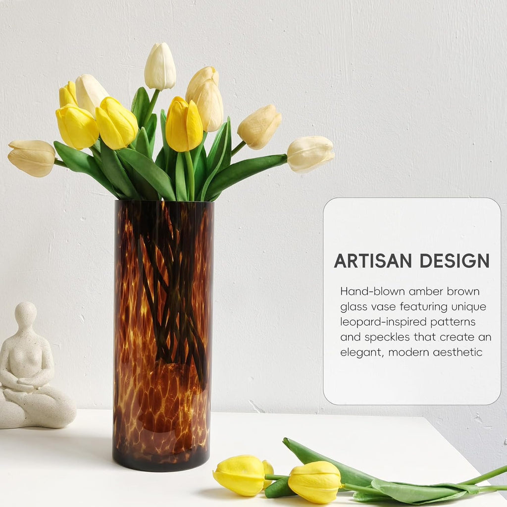 10" High Luxe Leopard Glass Vase — Unique Modern Amber Brown Centerpiece for Home Decor, Everyday Elegance Vase