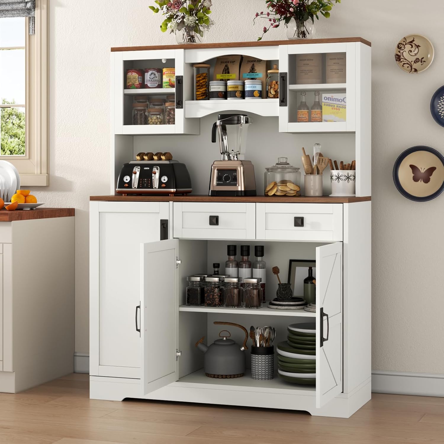 Gyfimoie 60" Tall Farmhouse Kitchen Pantry Storage Cabinet,Kitchen Hutch with Microwave Stand,Freestanding Buffet Pantry Cabinet with Glass Door and Adjustable Shelves for Dining Room (White)