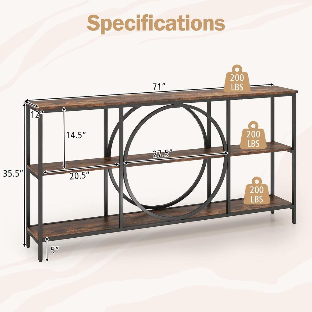 Giantex Narrow Long Console Table, 3-Tier Entryway Table with Faux Wood Grain Top&Heavy-Duty Metal Frame, Mid-Century Accent Sofa Tables with Open Storage Shelves for Living Room, Hallway(Brown+Black)