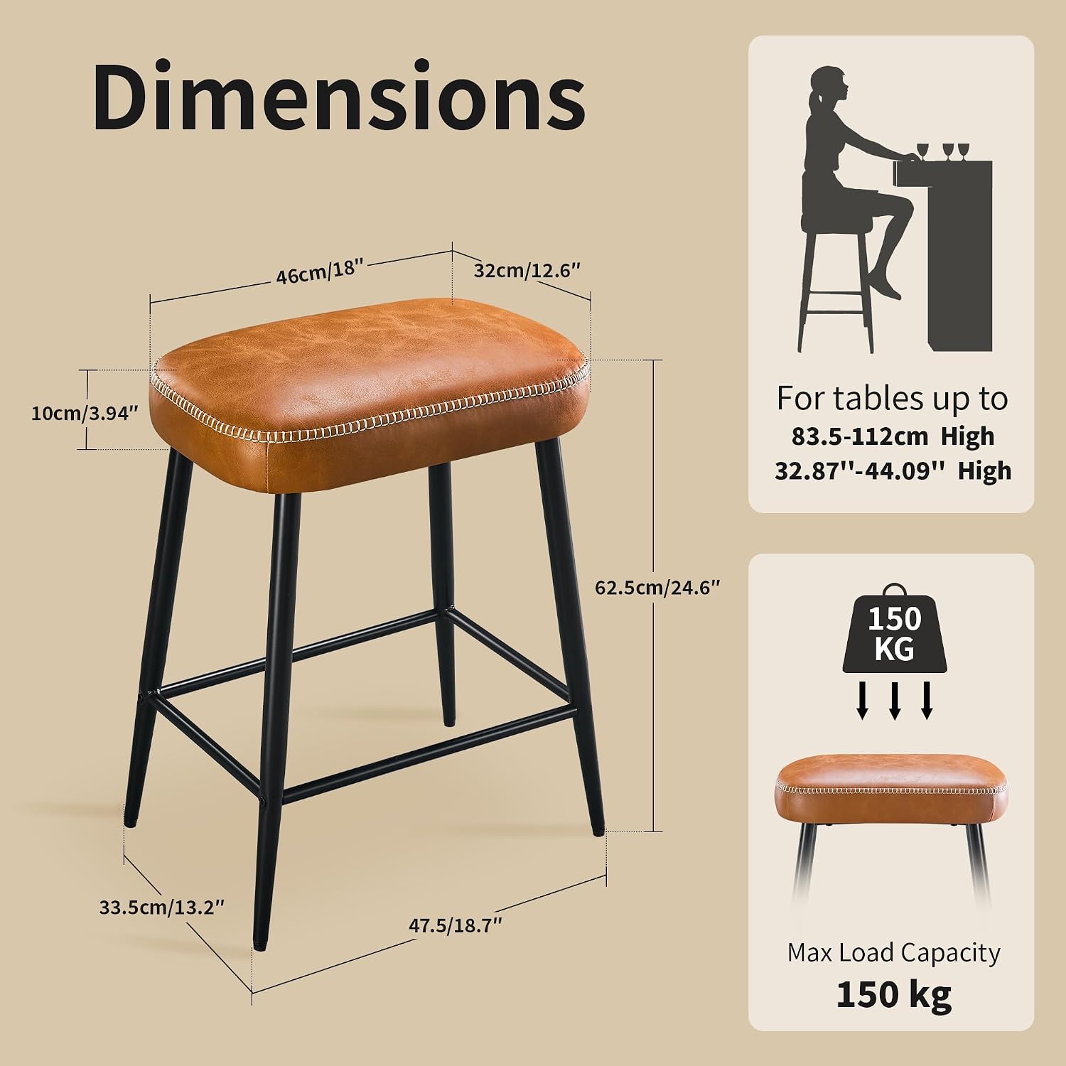 STOOLINK 24 Inch Bar Stools Set of 2, Counter Height Bar Stool for Kitchen Island, Metal Bar Stools for Counter, Modern Kitchen Stools with Sturdy Metal Base and Adjustable Foot Pins, Brown