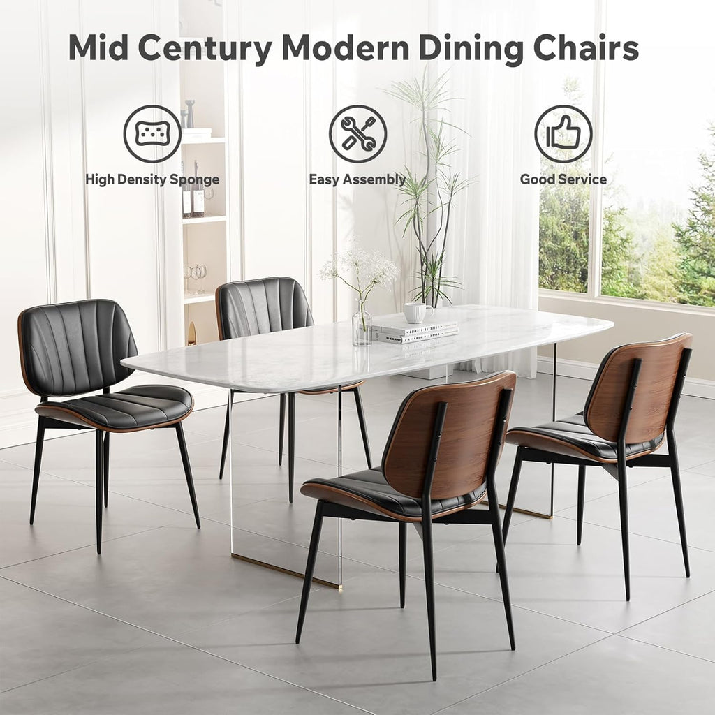 Dining Chairs Set of 4, Mid Century Modern Dining Room Chairs, Upholstered Faux Leather Kitchen Chairs with Walnut Bentwood Back and Metal Legs for Kitchen Dining Room Living Room, PU Black