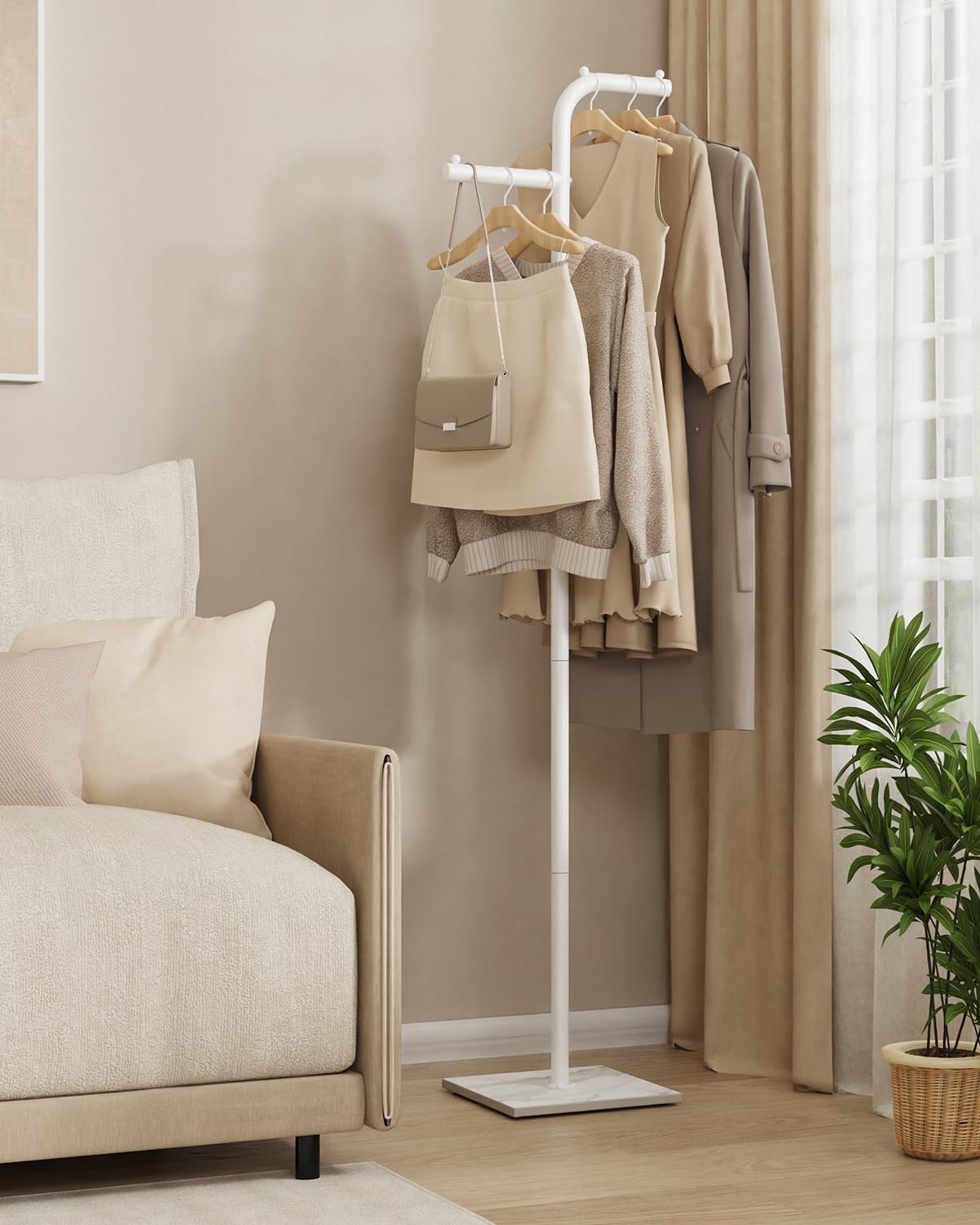 Garment Rack Freestanding, Metal Coat Rack, White, 68.9 In High | Modern Clothes Rack with Rock Slab Base, Heavy-duty Metal Clothing Stand for Boutiques, Hallway, Entryway, Living Room
