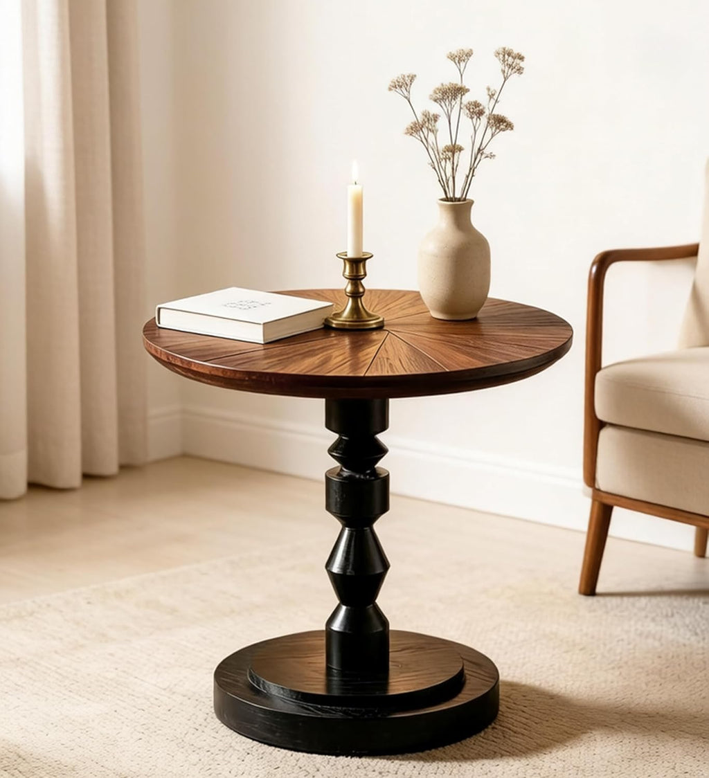 Round Side Table, Solid Cedar Wood Top with Pedestal Base, 24" Rustic Farmhouse End Table, Natural Brown and Black, for Living Room, Bedroom