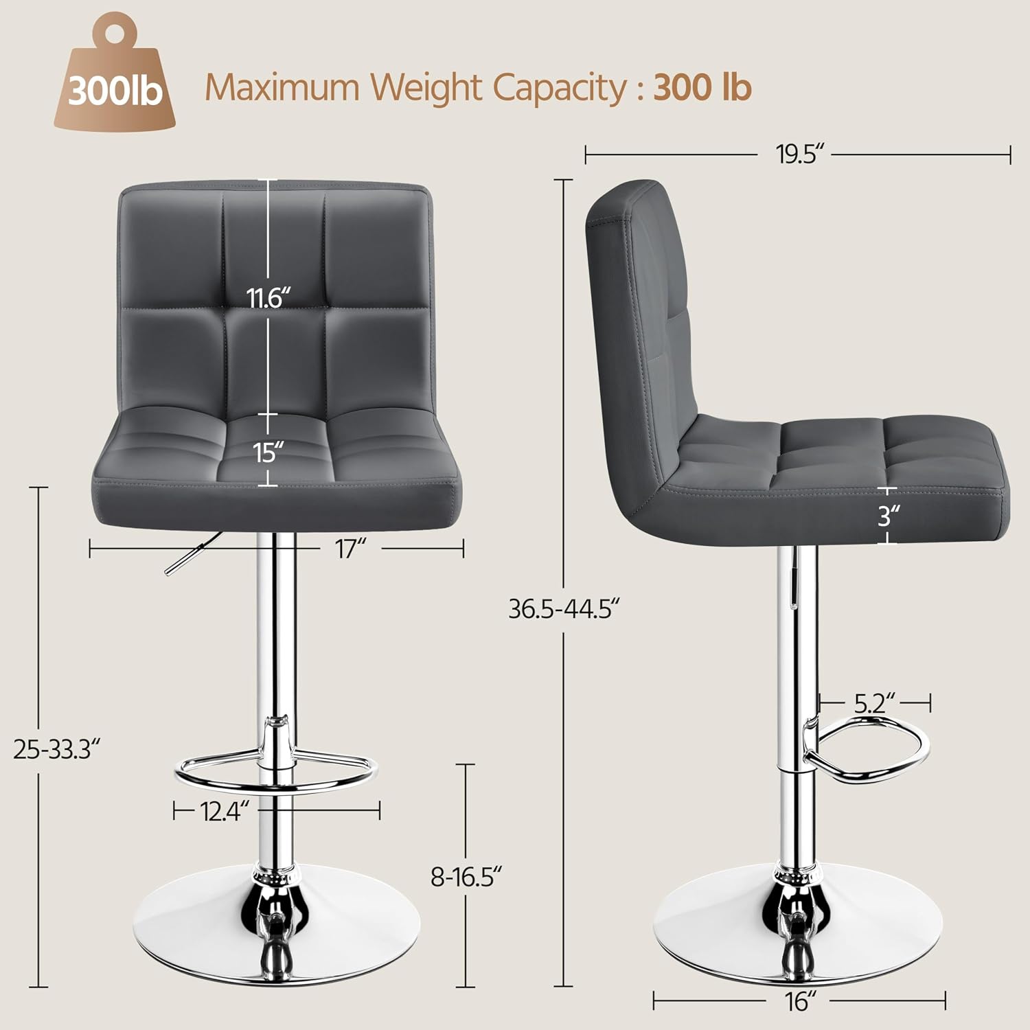 Yaheetech Bar Stools Set of 4, Adjustable Swivel Barstools with High Backrest, PU Leather Kitchen Island Chairs, Thickened Seat Cushion Counter Height Barstools, Grey