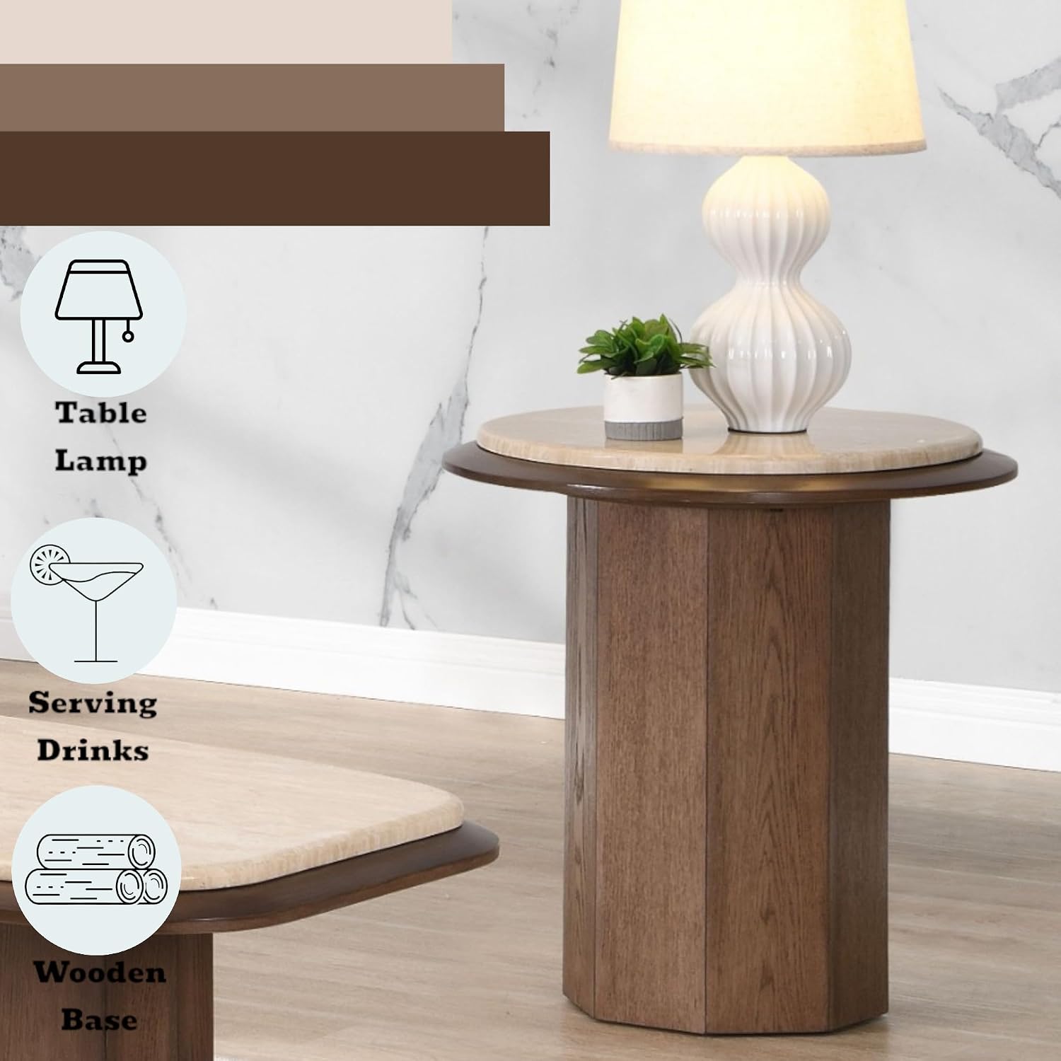 Travertine Top Walnut End Table