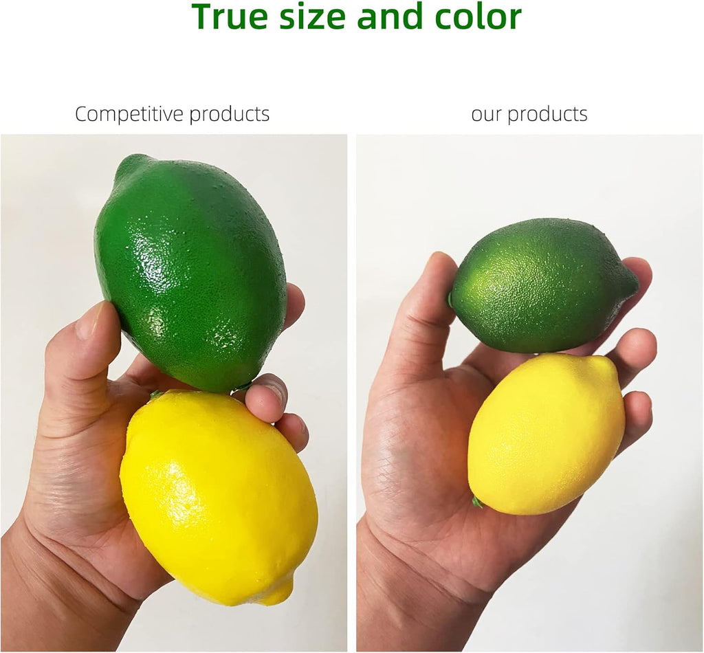 Fake Fruit Artificial Lemons 24 Pcs, Faux Lemon Leaves 12 Pcs Lifelike Fake Lemon Decor for Kitchen Table Cabinet Party Plastic Fruits Photography Prop