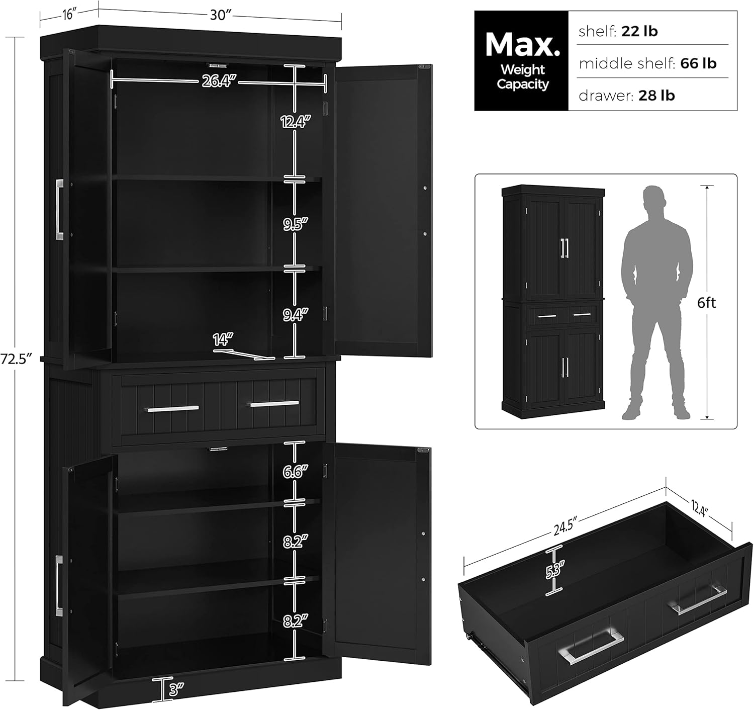 Topeakmart Kitchen Storage Cabinet, Tall Pantry Cabinet Cupboard with Drawer and Adjustable Shelves, Freestanding Storage Cabinet Organizer for Kitchen, Living Room, Dining Room, Bathroom, Black