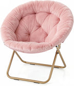 Magshion Saucer Chair for Adults, Comfy Living Room Lounge Chair for Bedroom Corner, Dorm, Apartment, Faux Fur Fluffy Circle Accent Seat with Thick Padded & Folding Metal Frame (Pink)