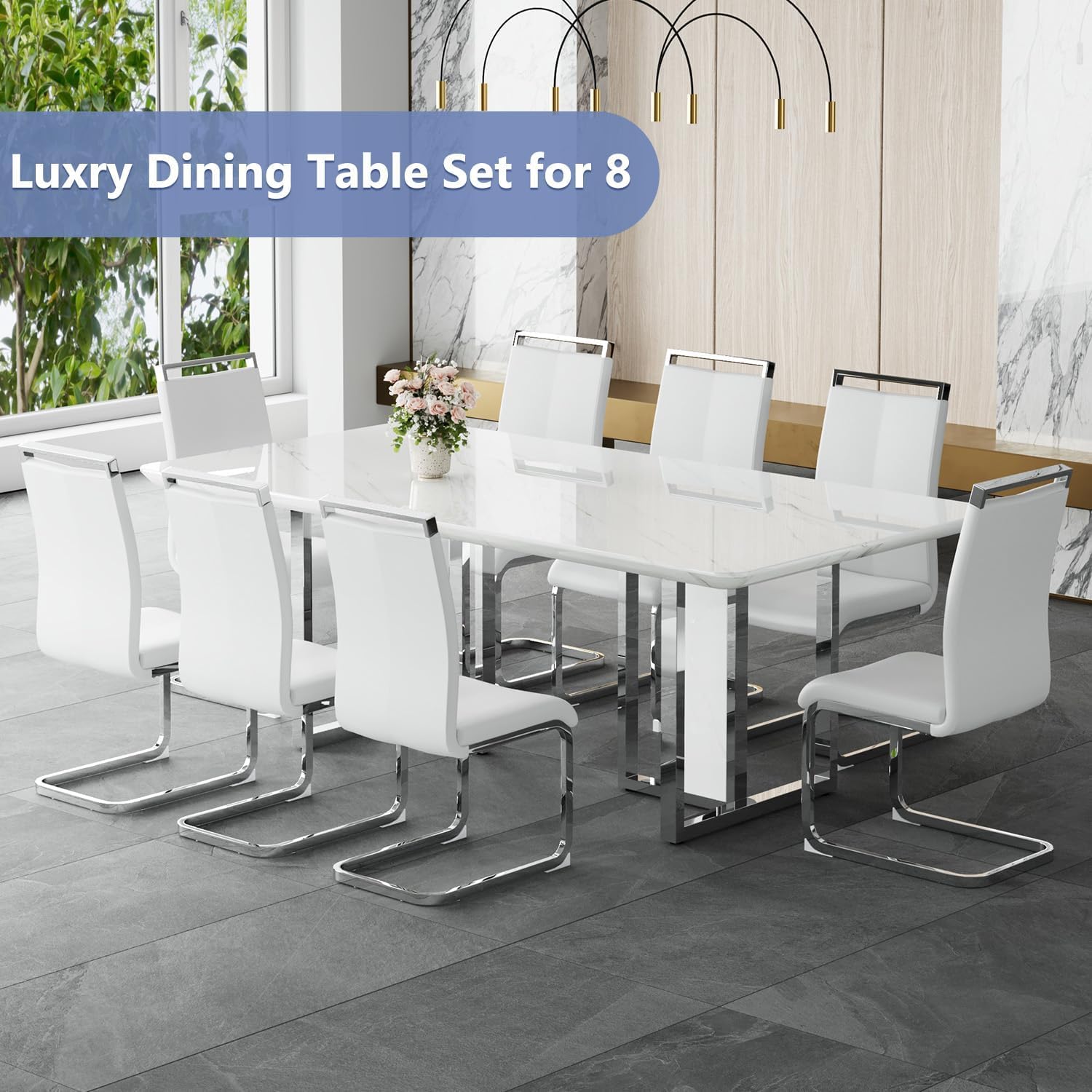 JUFU 9 Piece Dining Table Set for 8, 79 Inch Faux Marble Dining Room Table Set with 8 PU Leather Chairs, Modern Rectangular Kitchen Table and Chairs Set for Large Dining Room, Kitchen