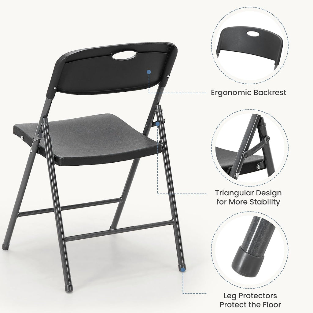 DUMOS 2 Pack Black Folding Chairs, Plastic Portable Stackable Dining Chairs with Metal Frame, for Indoor Outdoor, for Home and Office, Conference, Party, Event, Wedding, Birthday, Black