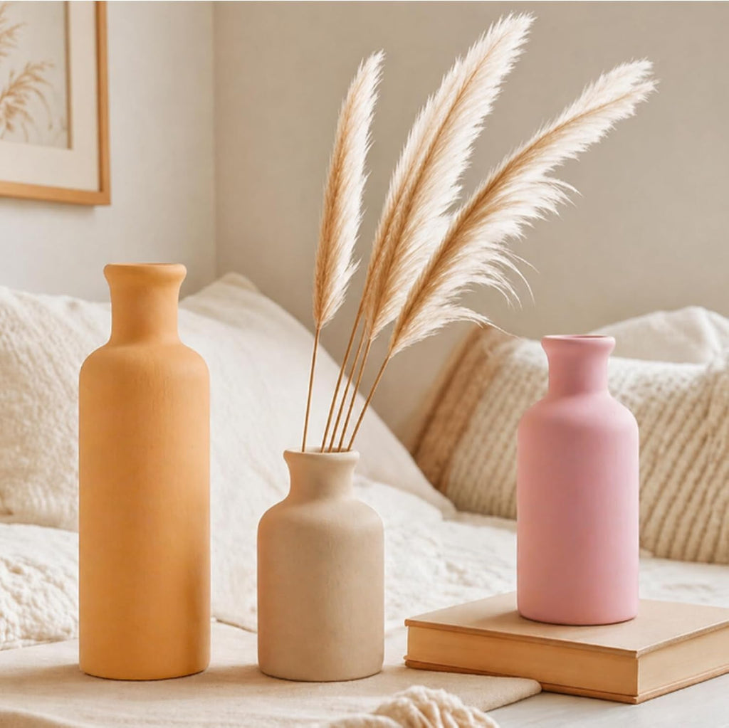 Domensi Modern Ceramic Vase Set of 3 Pink Orange Boho Vases for Home Farmhouse Rustic Decorative Bottles for Living Room Bedroom Shelf Table Bookshelf Entryway Decoration Housewarming Gift