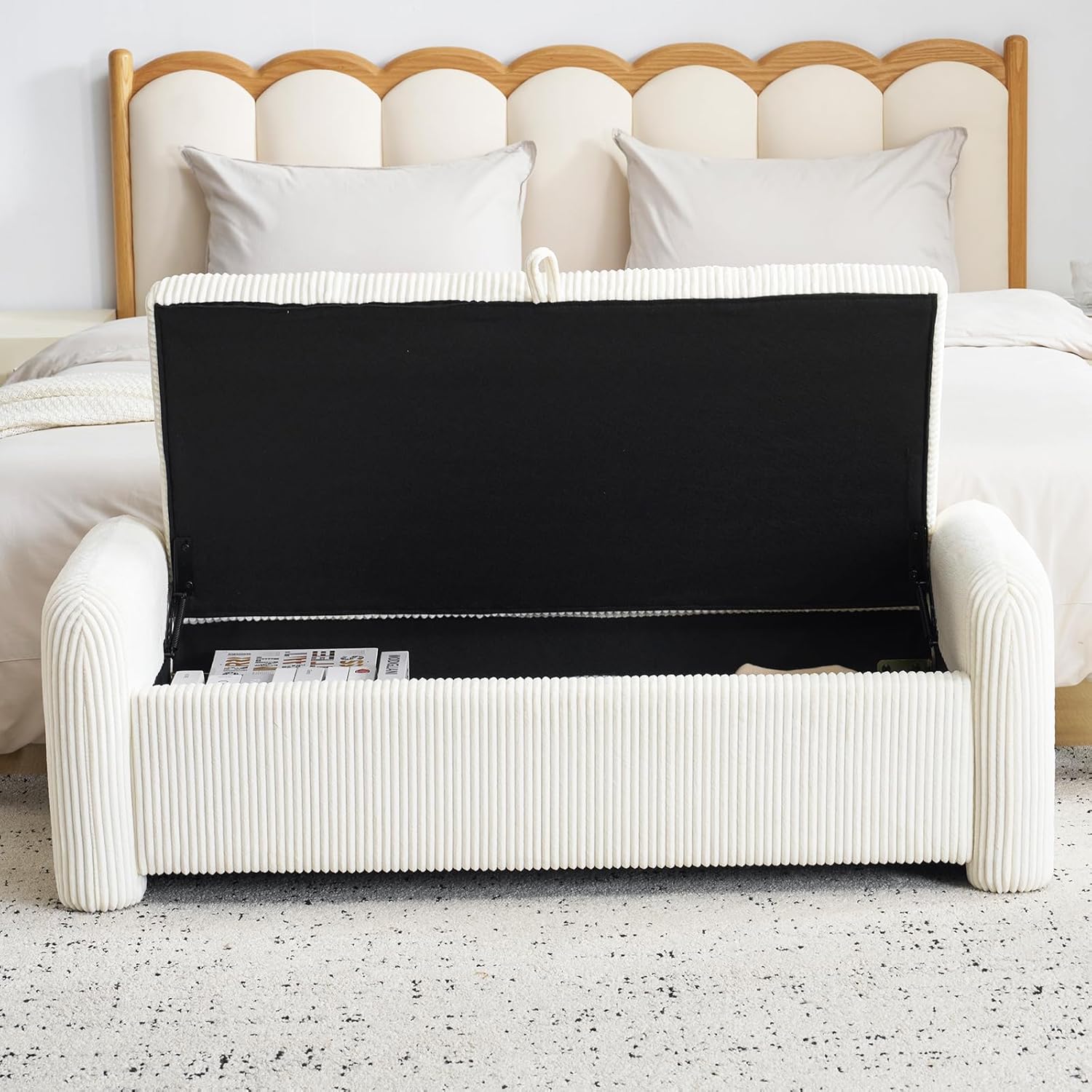 Upholstered End of Bed Bench with Storage,Oversized Corduroy Storage Ottoman Bench for Living Room,Ottoman Foot Rest for Bedroom,Beige