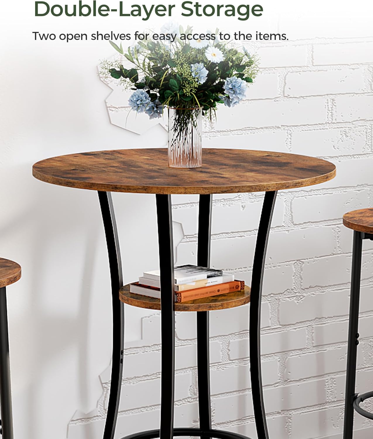 CHOEZON Round Bar Table, 2-Tier High Top & Counter Height Dining Table, for Bistro, Pub, Kitchen, Living Room, Rustic Brown and Black TBT03BF