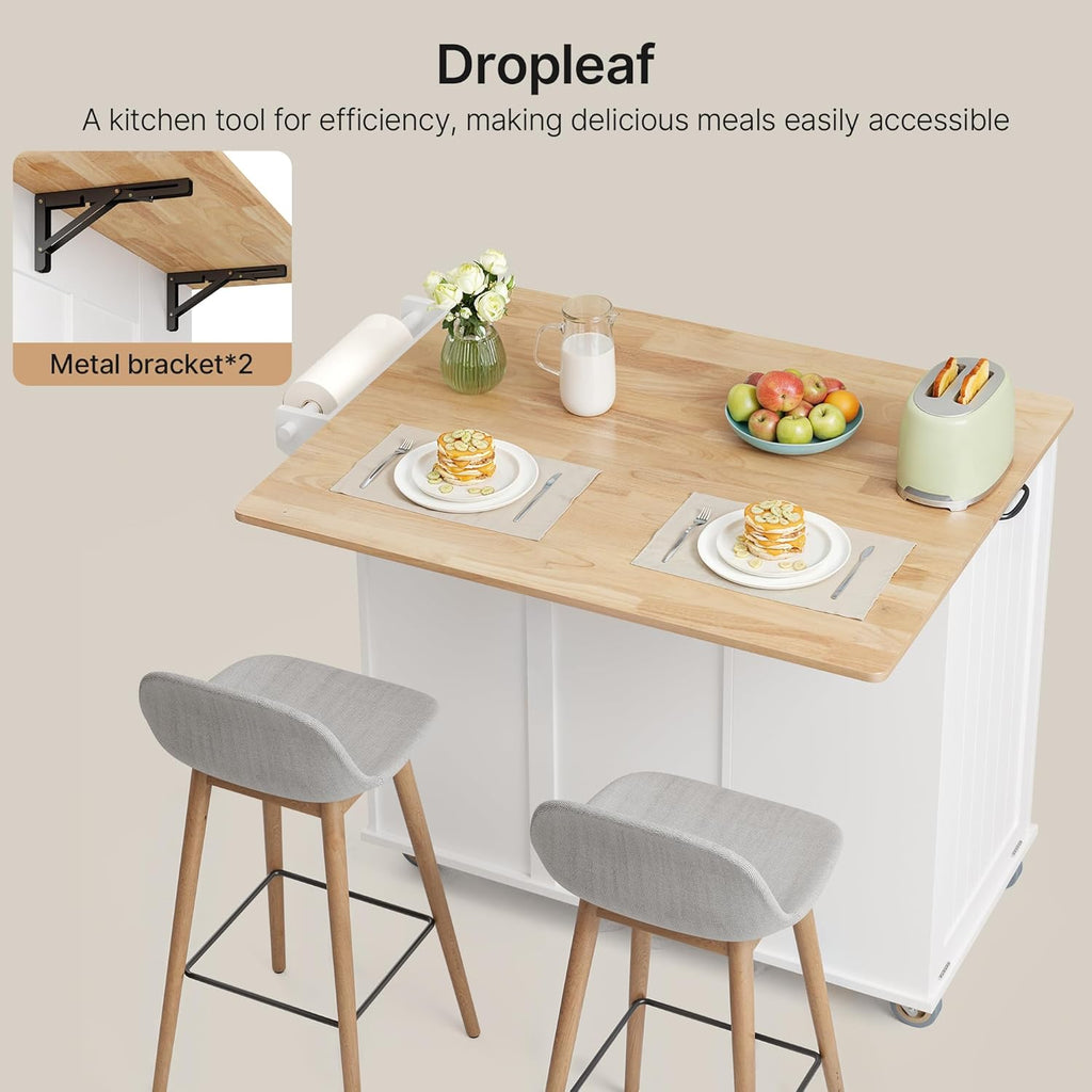 Ahomly Kitchen Island with Storage, 44.49" Kitchen Island with Trash Can Storage, Drop Leaf Rubberwood Top, Knife Holder, Adjustable Shelf, Towel Bar, Drawer, Spice Rack, White